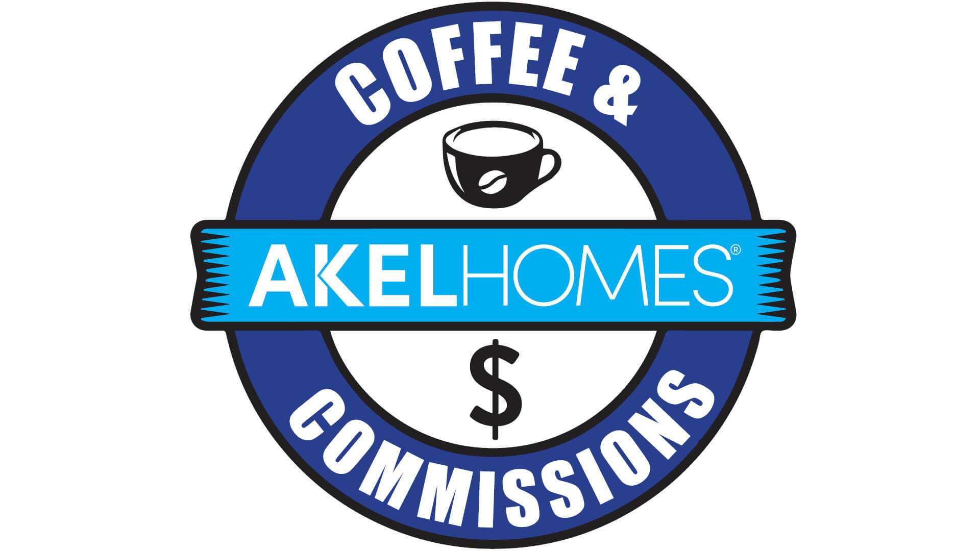 A circular logo features "Coffee & Commissions" encircling a coffee cup and dollar symbol, with "Akel Homes" prominently displayed on a blue banner in the center, seamlessly blending the allure of real estate success with the charm of a cozy café moment.