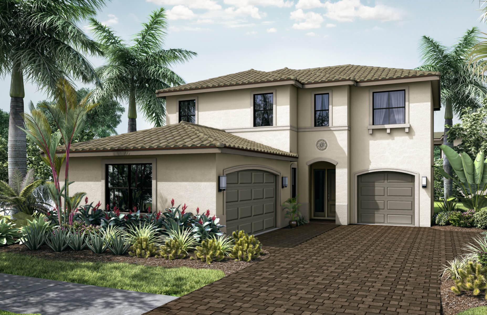This elegant Akel Homes two-story beige house features a tile roof, dual garage doors, and a brick driveway. It's beautifully surrounded by tropical plants and palm trees under a partly cloudy sky.