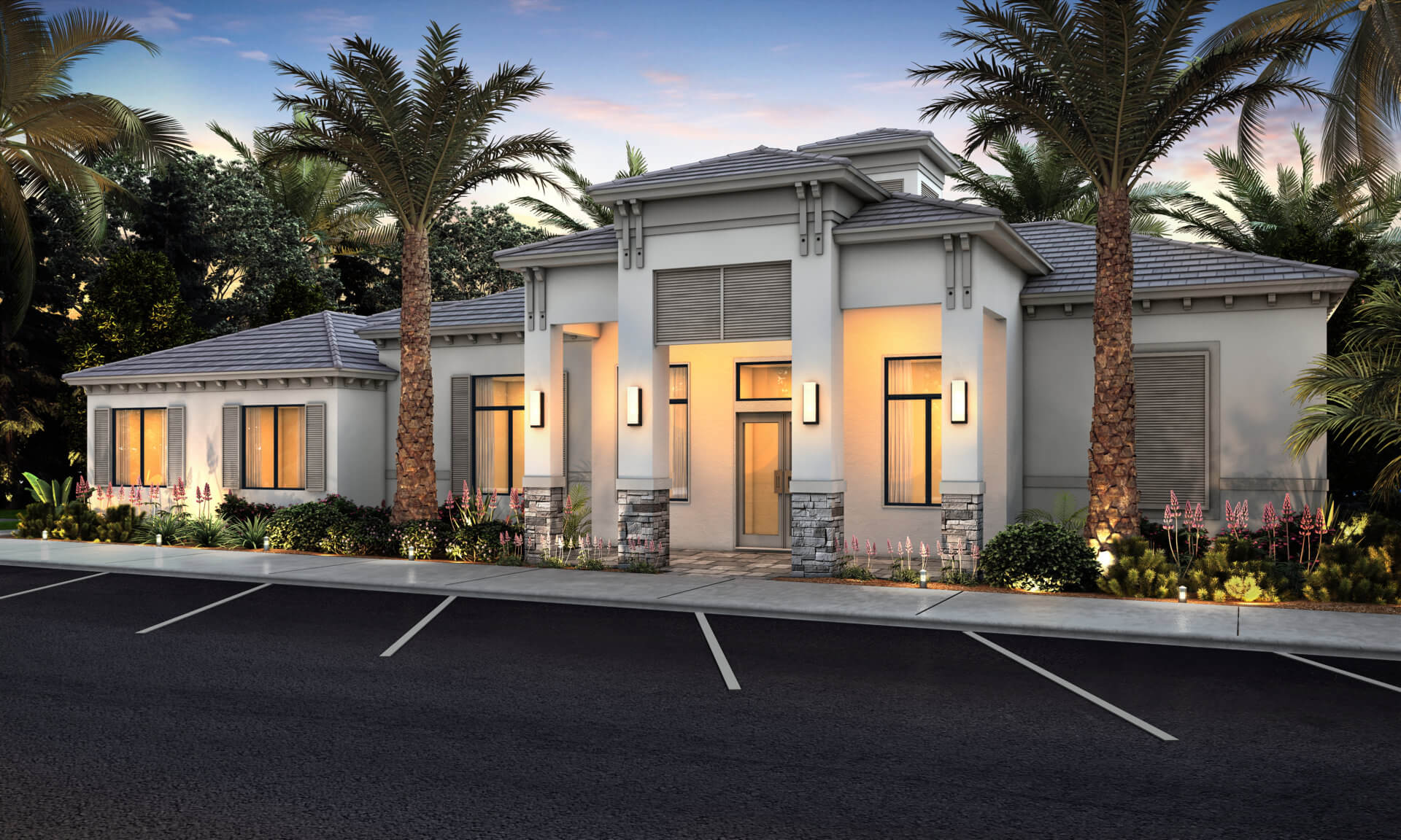 Modern Akel Homes building with a flat roof, illuminated entrance, and surrounded by palm trees. The foreground features an empty asphalt parking lot, offering a serene and stylish atmosphere.