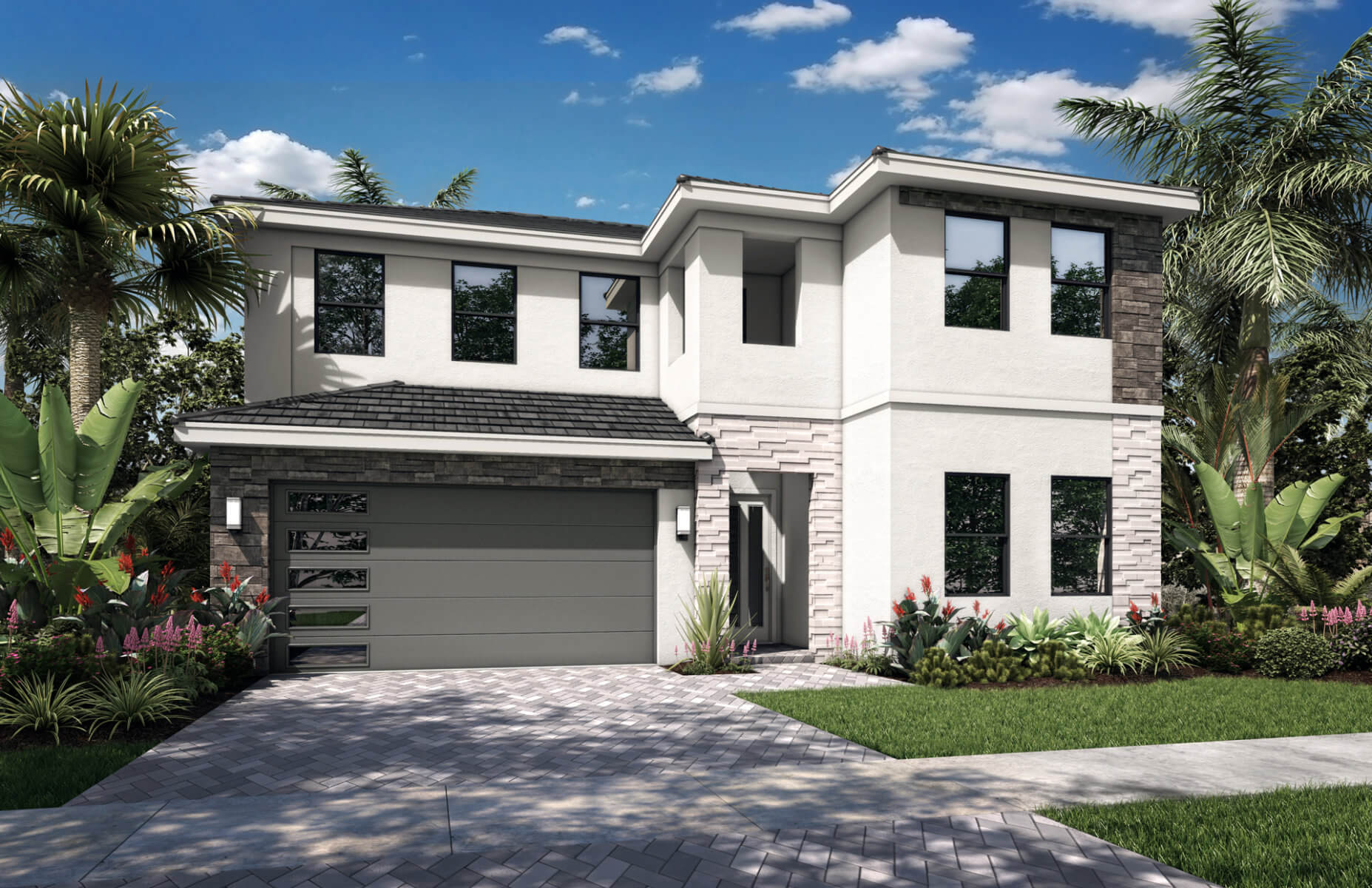This two-story modern house, crafted by Akel Homes, features a sleek gray garage door and is surrounded by lush palm trees and greenery under a clear blue sky.