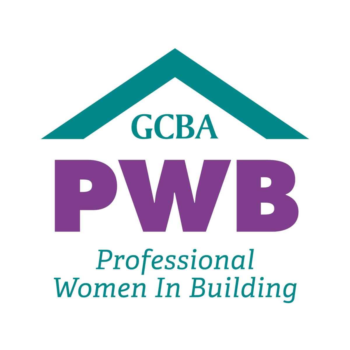 Logo with a teal roof shape, featuring "GCBA" inside. Below, "PWB" in large purple letters with "Professional Women In Building" beneath in teal. Supported by Akel Homes, this emblem embodies excellence and commitment to empowering women in construction.