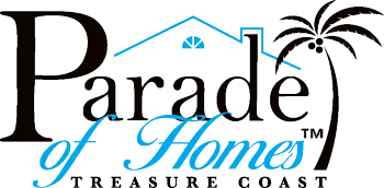 Parade of Homes Treasure Coast logo with a house roof outline, palm tree, and stylized text in black and blue.