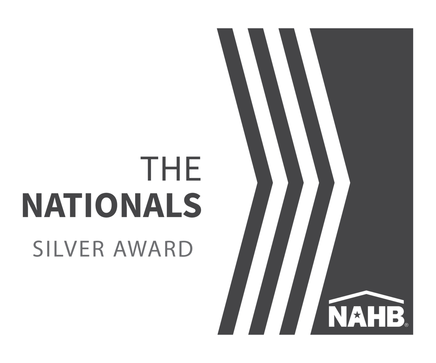 Graphic illustrating "The Nationals Silver Award" with the NAHB logo and stylized chevrons on a sleek black background, proudly associated with Akel Homes.