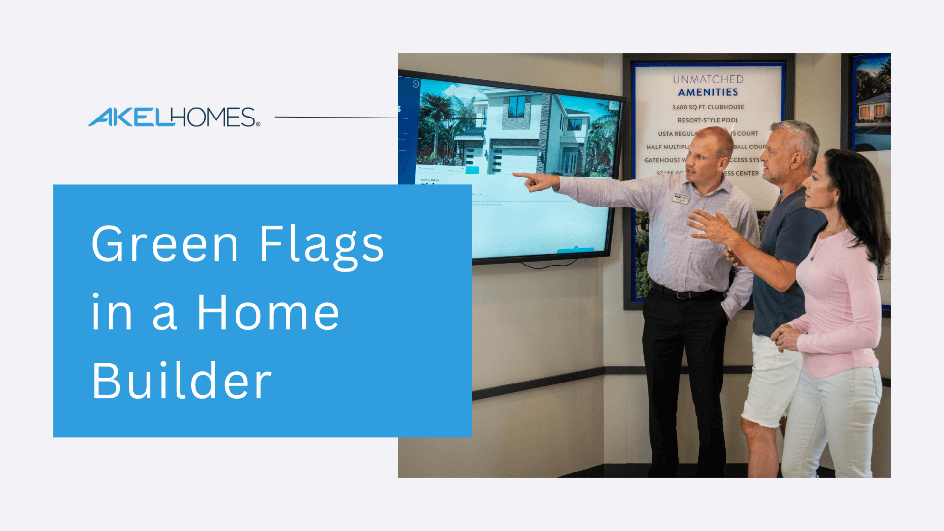 At an Akel Homes presentation, a group of people intently discusses a home blueprint displayed on the screen. A sign reads "Green Flags in a Home Builder," highlighting key aspects to consider when creating your dream home with precision construction and sustainable design.