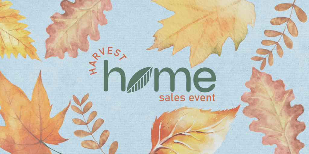 Text "Harvest Home Sales Event" with illustrated autumn leaves on a light blue background, highlighting Big Savings at Solana Bay.