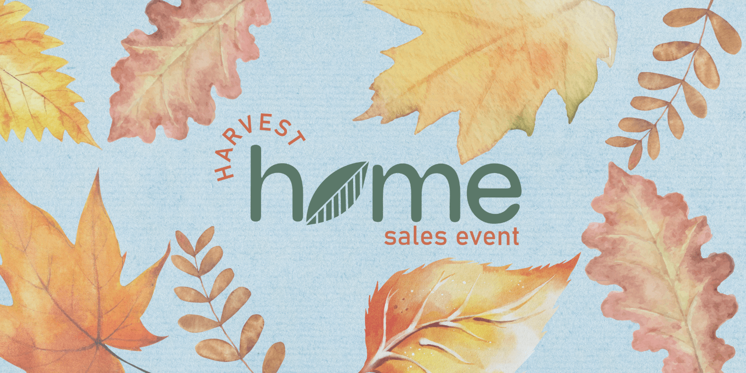 Text "Harvest Home Sales Event" with illustrated autumn leaves on a light blue background, highlighting Big Savings at Solana Bay.