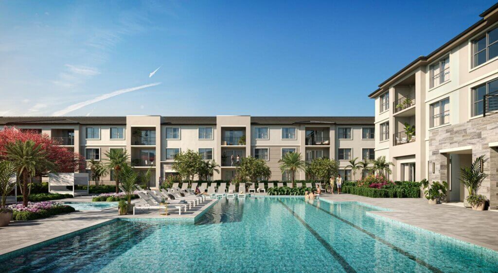 Experience Luxury Rental Living at Mosaic Palms in Lake Worth, FL—modern apartments with balconies overlooking a stunning outdoor pool, sun loungers, and lush landscaped greenery under a clear blue sky.