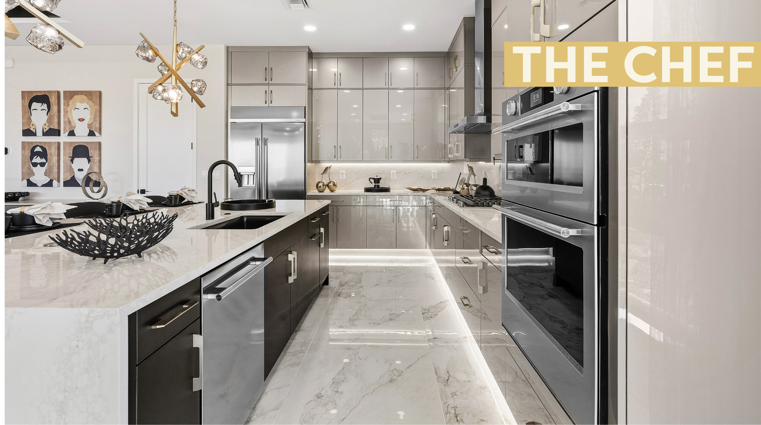 Modern kitchen with glossy cabinets, marble countertops and floor, stainless steel appliances, pendant lighting, and "THE CHEF" text overlay—perfectly fit for a Catalina Palms home.