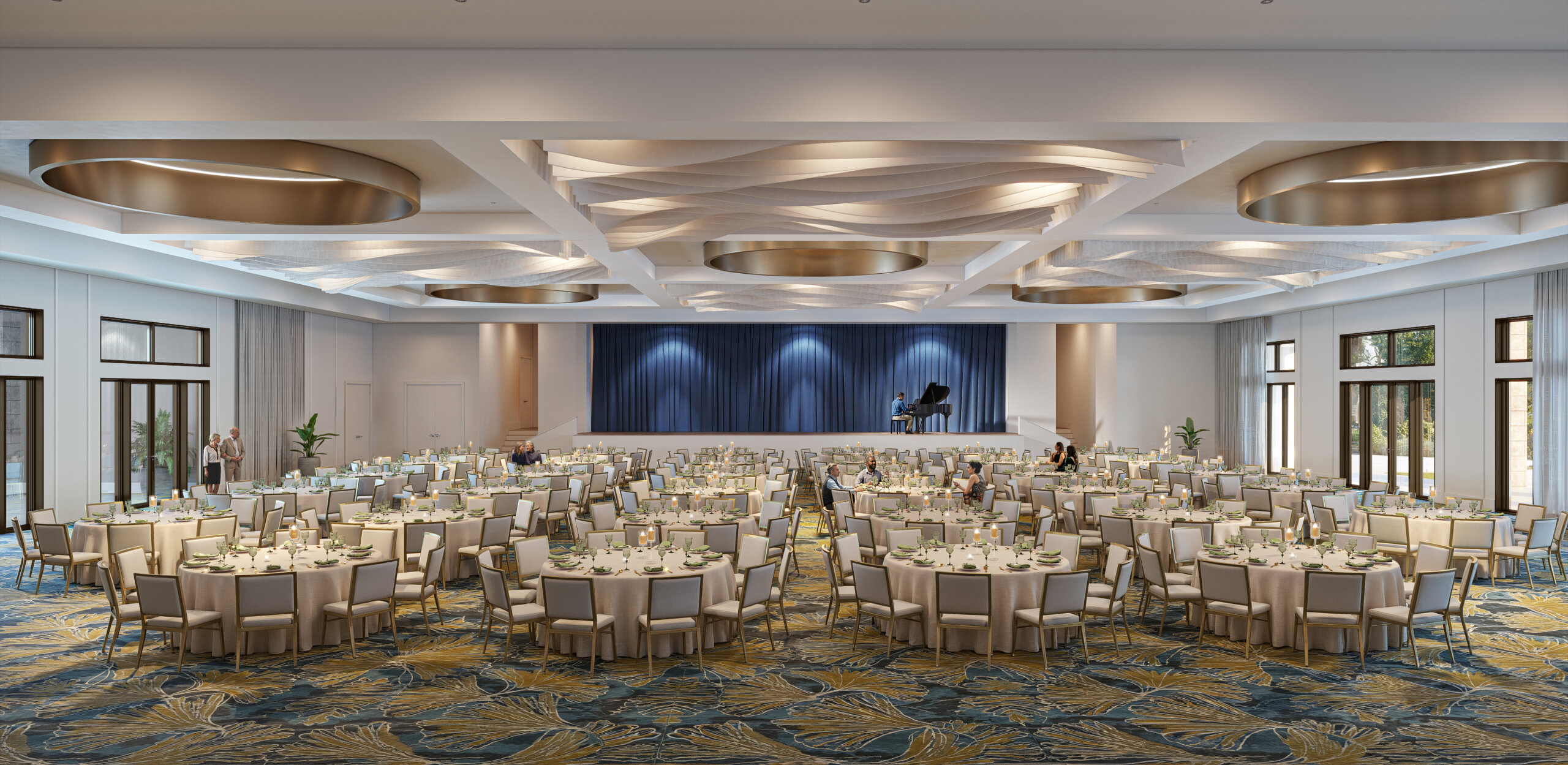 Large banquet hall with round tables set for an event, a stage with a piano and chairs in the background, modern ceiling lights, and floor-to-ceiling windows—ideal for gatherings that can be easily managed using an automated scheduling or self-updating calendar.