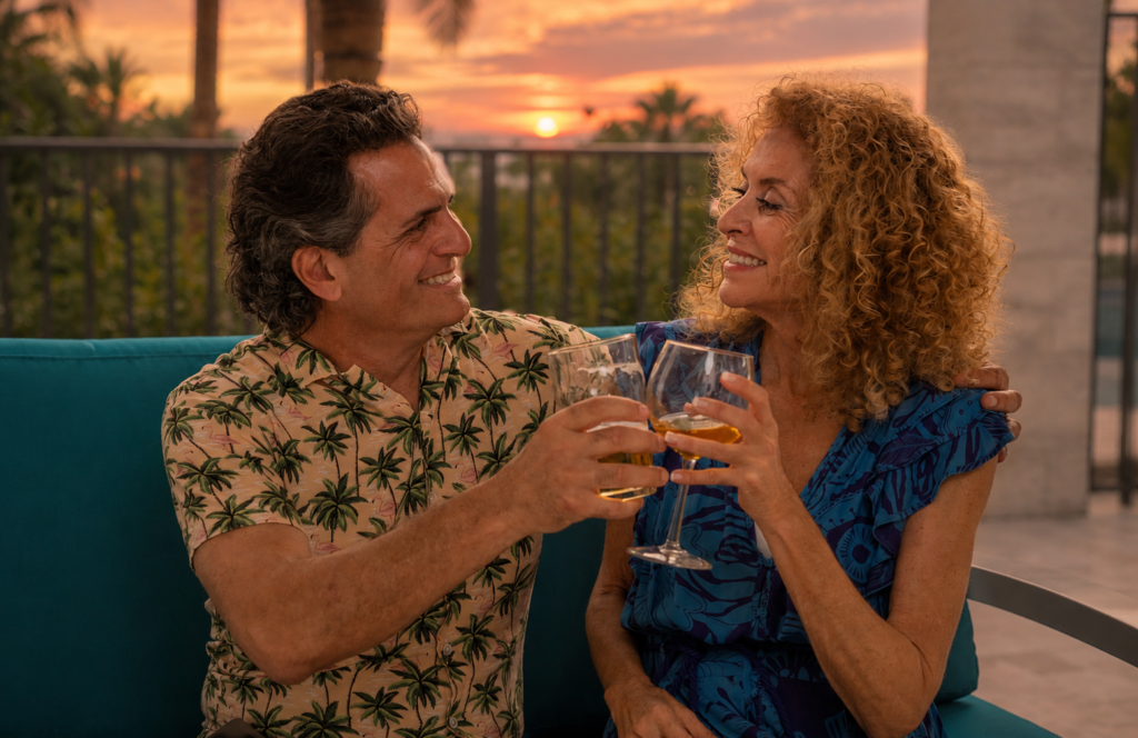 A man and a woman sit on an outdoor sofa, smiling and clinking glasses of wine at sunset, enjoying stunning Sunset Views with palm trees and the elegant Club Catalina railing in the background.