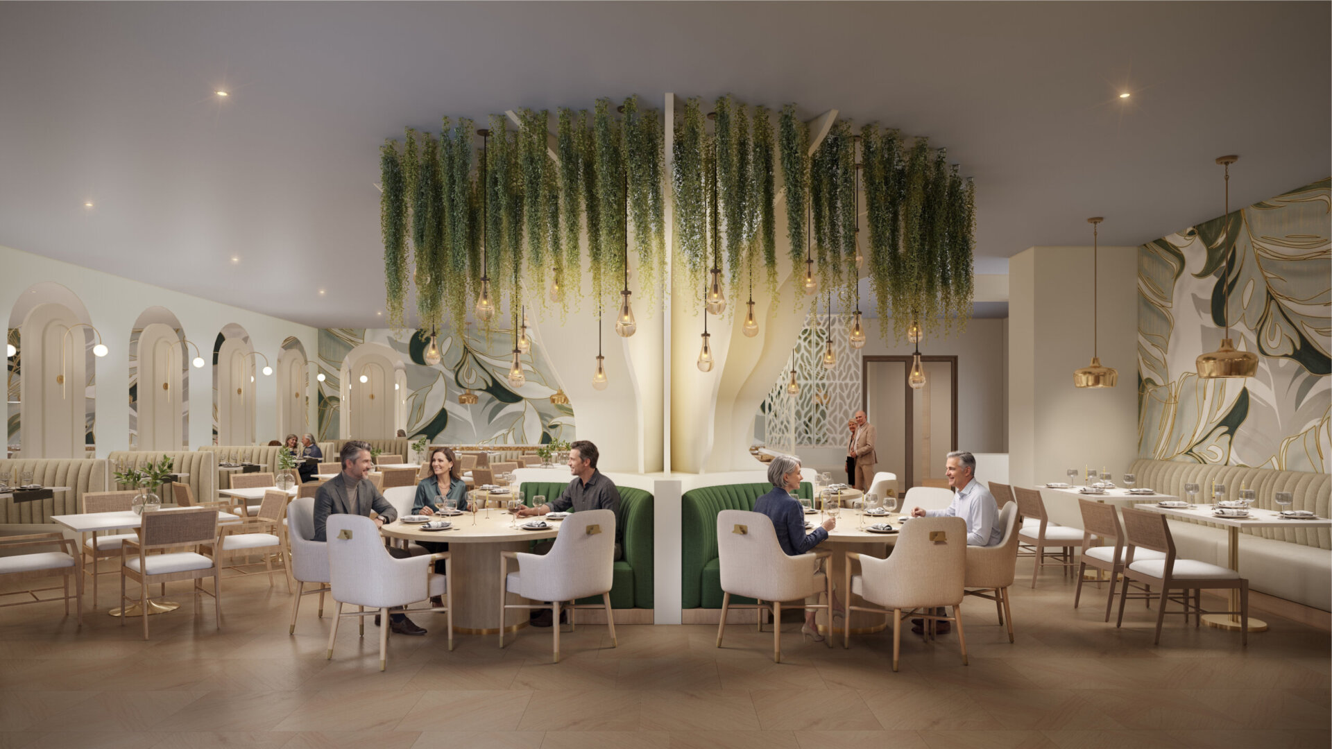 Modern restaurant interior with people dining at round and rectangular tables, featuring a central tree-like structure with hanging greenery and pendant lights—a setting you might find highlighted on the Club Catalina Blog.