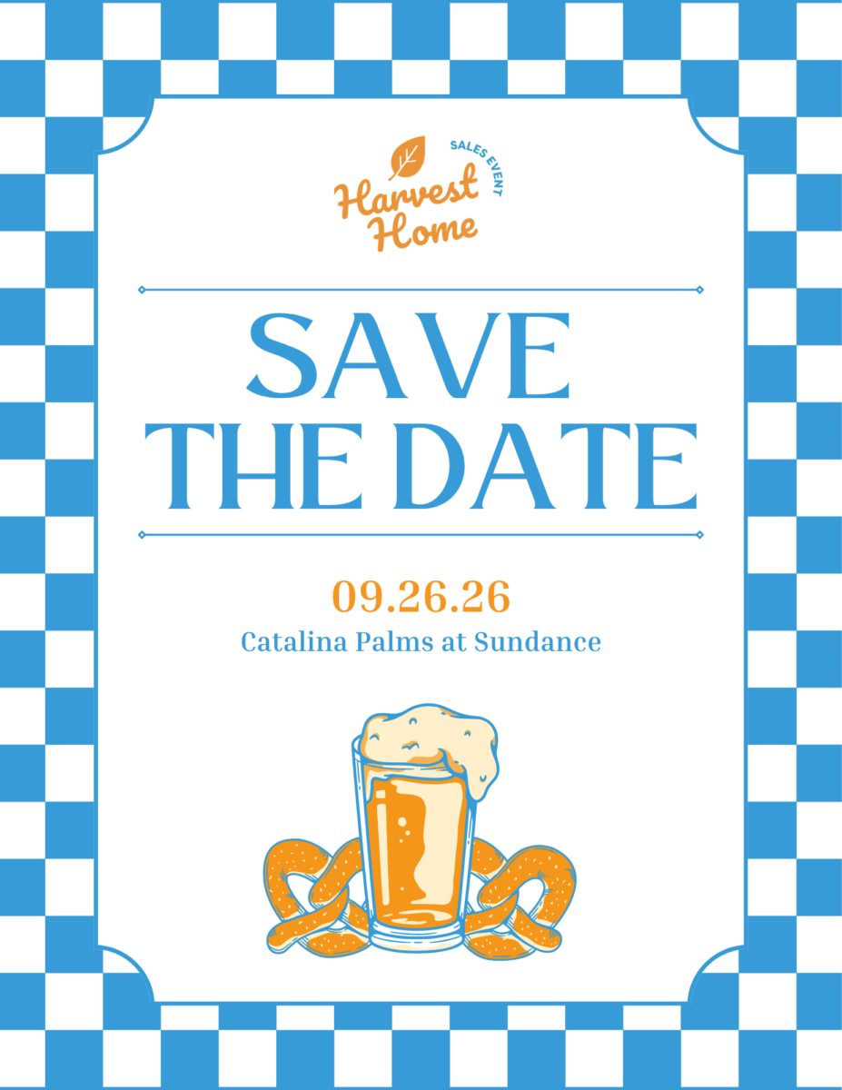 Save the Date invitation featuring a beer glass, pretzels, and a blue checkered border—perfect for your upcoming event. Join us for Harvest Home on 09.26.26 at Catalina Palms at Sundance.