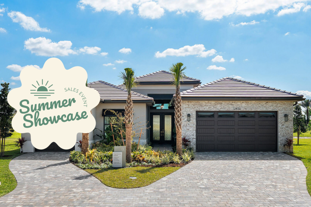 Modern single-story house with two-car garage, palm trees, and a vibrant “Summer Showcase Sales Event” graphic overlaid on the left side of the image—welcome to Catalina Palms, where contemporary living meets effortless style.