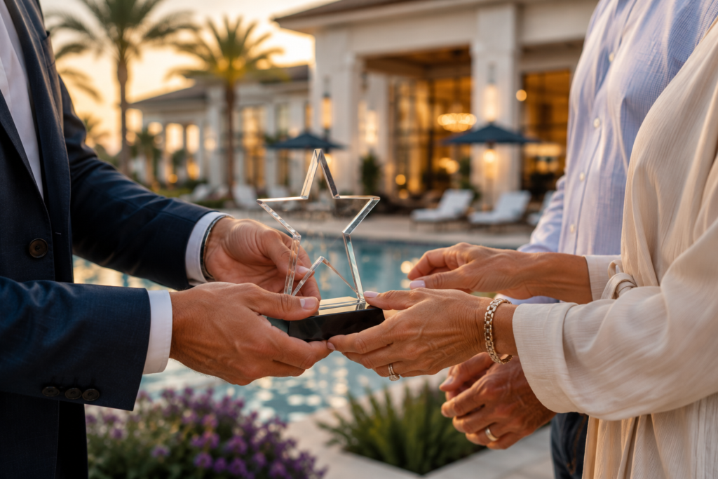 Three people exchange a clear star-shaped trophy by a poolside, with a building and palm trees in the background, celebrating their success as part of the Realtor Rewards Program.