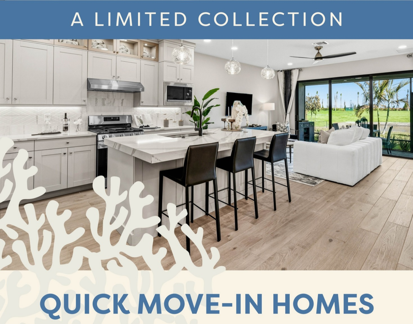Modern kitchen and living area with bar seating, white cabinetry, and large sliding doors opening to a patio; text advertises the limited collection of Quick Move-In Homes available now at Catalina Palms.