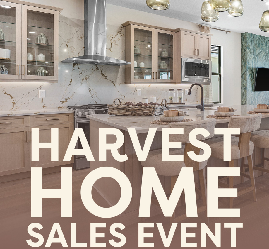 Modern kitchen with wood cabinets and marble backsplash, perfect for embracing a new season in style. Large text in the foreground reads, “HARVEST HOME SALES EVENT.” Find your new place to call home today.