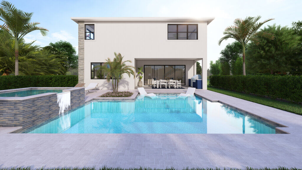 A modern two-story house in Solana Bay at Avenir boasts a backyard with a rectangular swimming pool and integrated hot tub. Lounge chairs and a patio with a dining set offer relaxation, while palm trees and a manicured hedge complete the serene atmosphere.