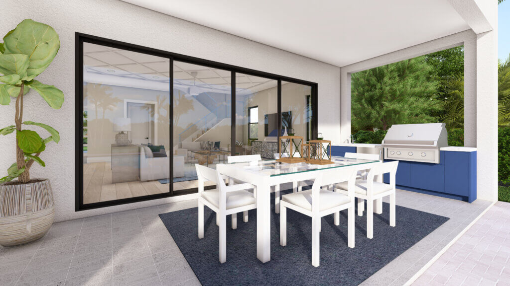 Experience the modern outdoor patio at Solana Bay at Avenir, featuring a white dining table with six chairs on a dark rug. Glass sliding doors offer a view inside, while a potted plant graces the left and a built-in grill stands proudly on the right against lush greenery.