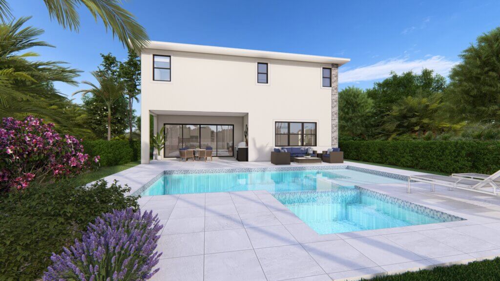 Nestled in Solana Bay at Avenir, this modern two-story house boasts large windows overlooking a spacious patio. The patio features a rectangular swimming pool and an adjoining smaller one, surrounded by lush greenery and lounge chairs under the clear blue sky.