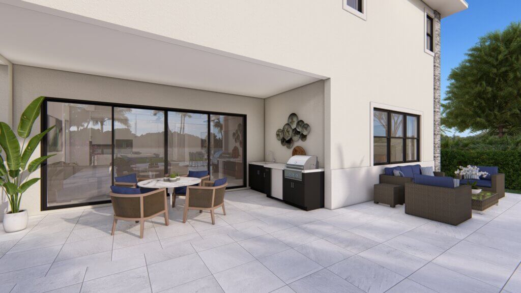 The modern patio at Solana Bay at Avenir boasts a covered seating area with wicker chairs and a sofa, a dining table with four chairs, a grill, and potted plants. It's elegantly positioned adjacent to a cream-colored building adorned with large sliding glass doors and windows.