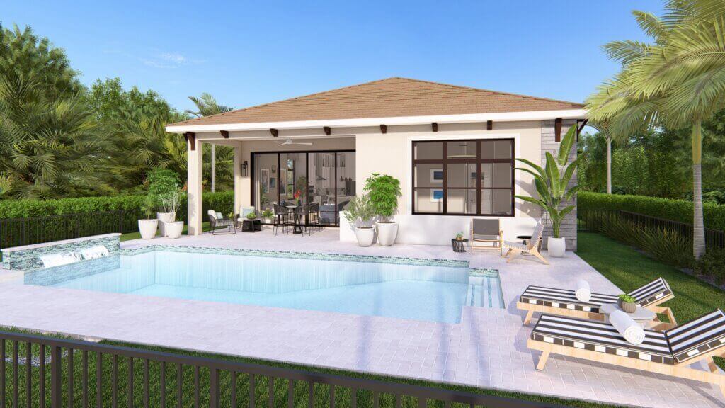 Single-story modern house with a covered patio, glass doors, potted plants, swimming pool, lounge chairs, and lush greenery in the background.