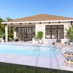 Single-story modern house with a covered patio, glass doors, potted plants, swimming pool, lounge chairs, and lush greenery in the background.
