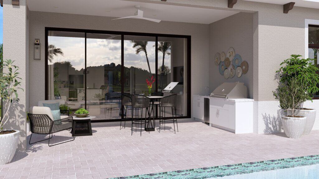 Modern outdoor patio with a dining table, chairs, grill, potted plants, and wall art beside a pool, with sliding glass doors reflecting palm trees.