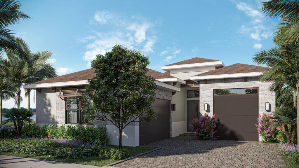 Modern single-story house with a brown tiled roof, two garages, landscaped front yard, and plants lining a paved driveway under a clear blue sky.