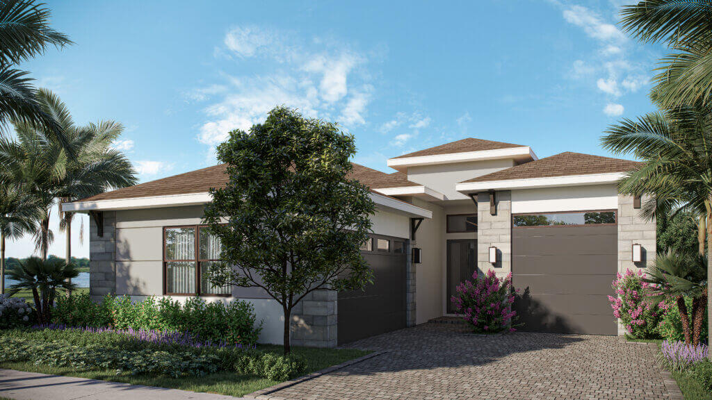 Modern single-story house with a brown tile roof, two-car garage, stone accents, and landscaped front yard with trees and flowering plants under a blue sky.