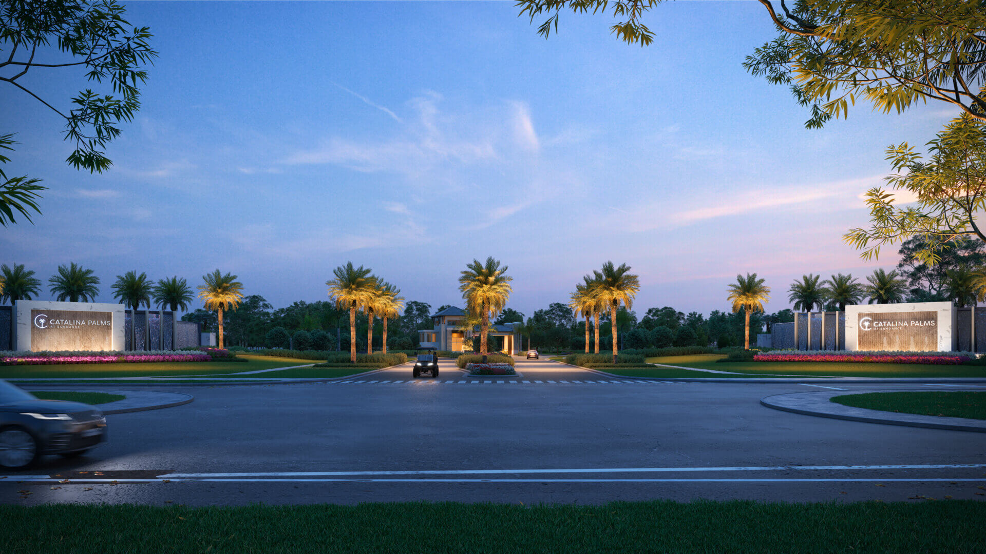 Wide road leading to a gated residential entrance flanked by palm trees and landscaped greenery. On either side, large signs read "Catalina Palms." Vehicles are approaching the entrance under a clear blue sky.
