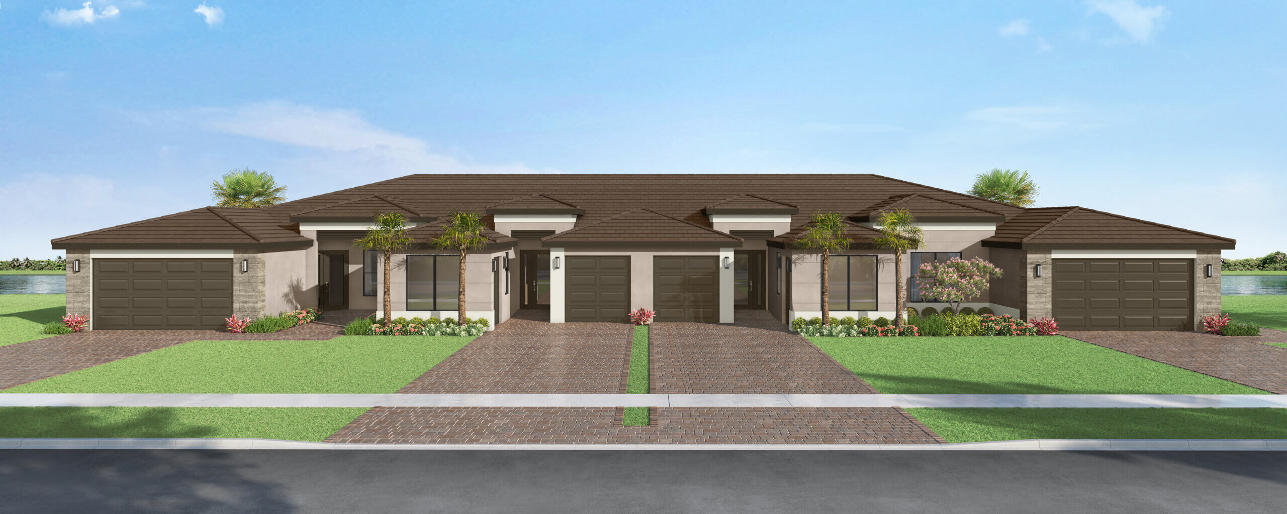 A modern single-story duplex with two garages, symmetrical design, brown roofs, large windows, and landscaped front yards under a blue sky.