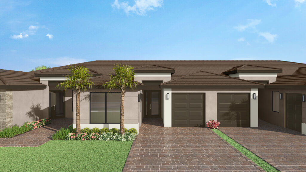 Single-story modern house with a brown tile roof, two garages, brick driveway, front lawn, landscaping, and palm trees under a blue sky.