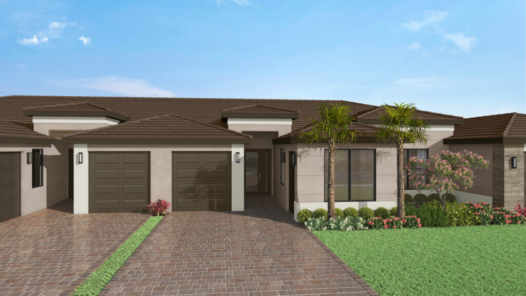 Modern single-story house with two dark garage doors, large front window, palm trees, and landscaped yard under a clear blue sky.