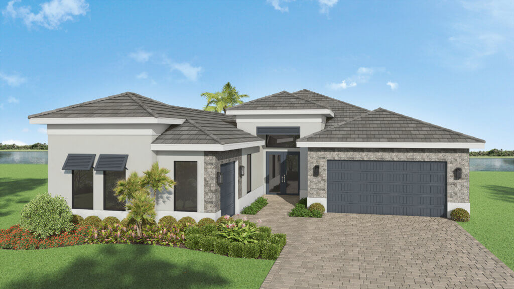 Modern single-story house with gray tiled roof, stone accents, large windows, double garage, and landscaped front yard under a blue sky.