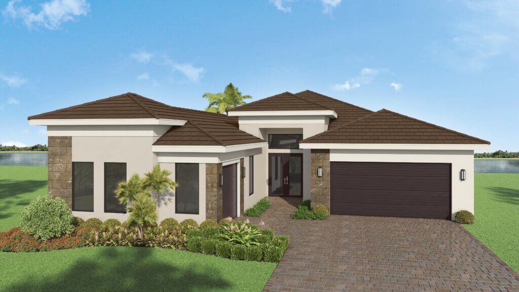 Single-story modern house with a brown tiled roof, stone accents, large windows, double garage, and landscaped front yard under a blue sky.