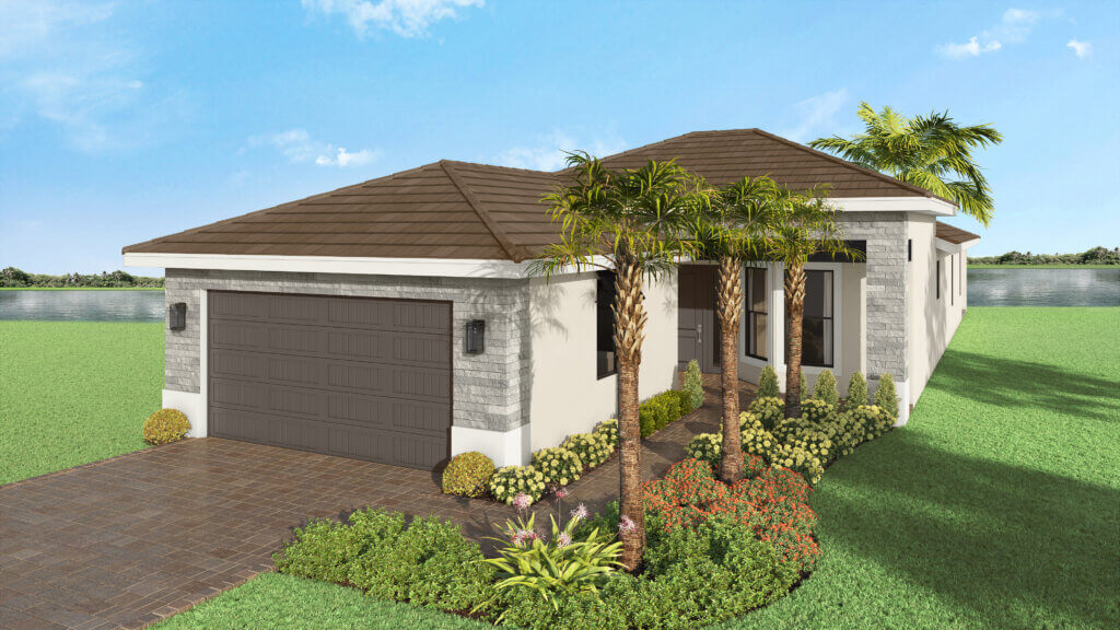 Single-story modern house with a dark tile roof, attached two-car garage, stone accents, landscaped yard, and palm trees, set beside a body of water on a sunny day.