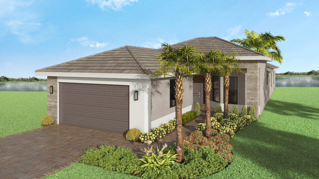 Single-story modern house with a gray tiled roof, attached two-car garage, landscaped front yard, and palm trees, situated beside a body of water under a blue sky.