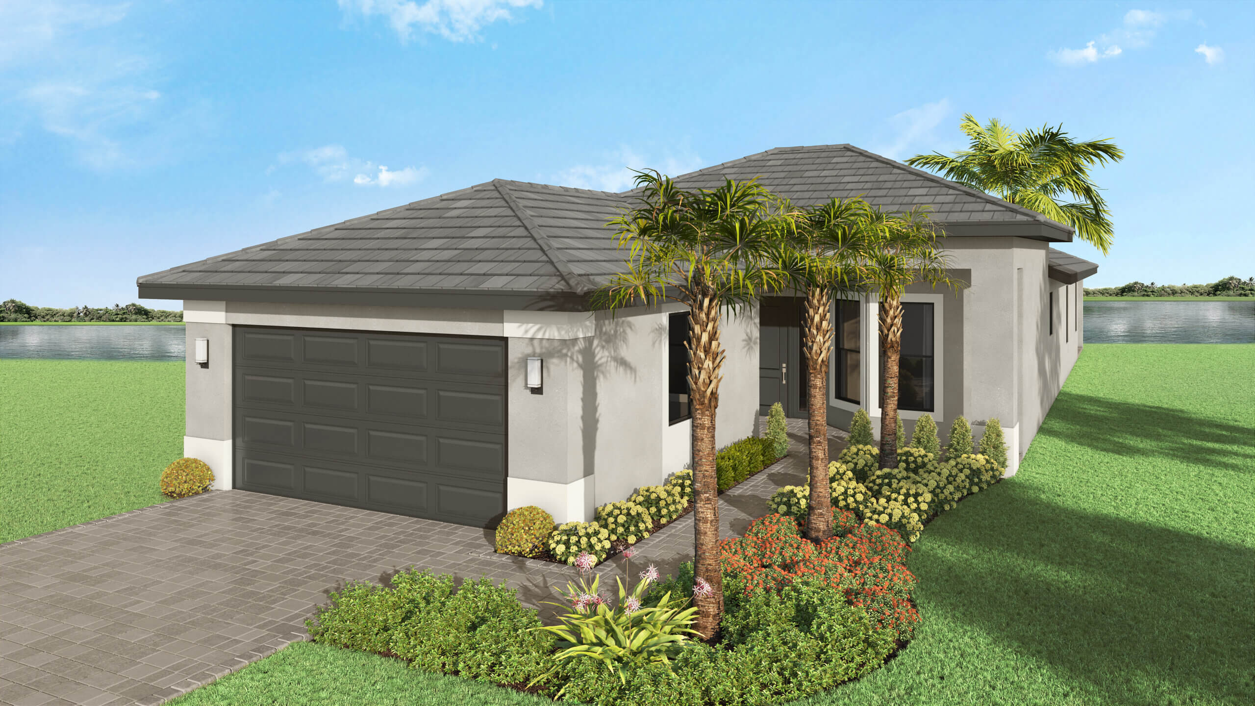 Modern single-story house with a gray tile roof, two-car garage, palm trees, and landscaped front yard, situated near a body of water under a blue sky.