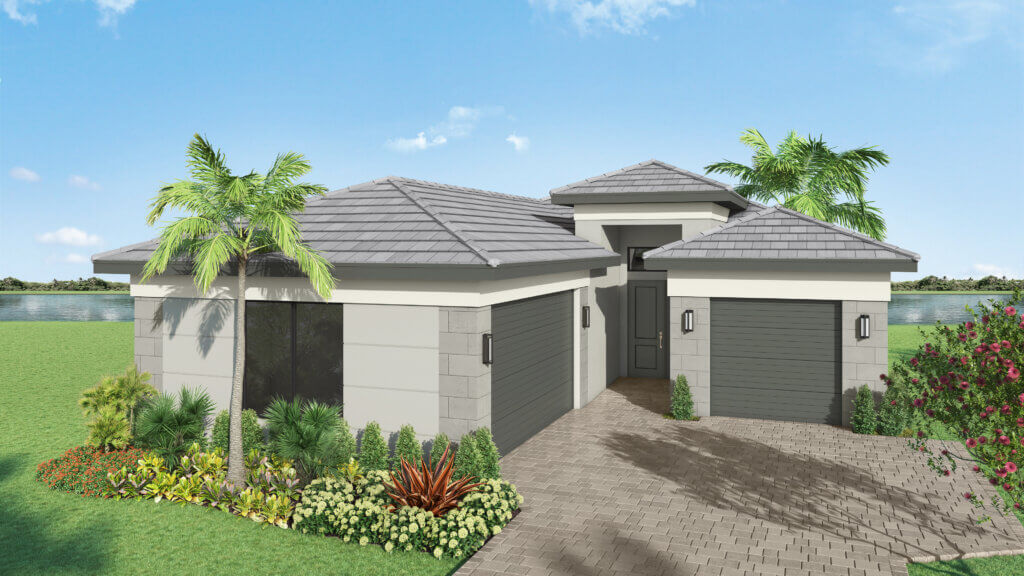 A modern single-story house with a gray tile roof, two garages, and landscaped front yard, set near a body of water under a clear blue sky.