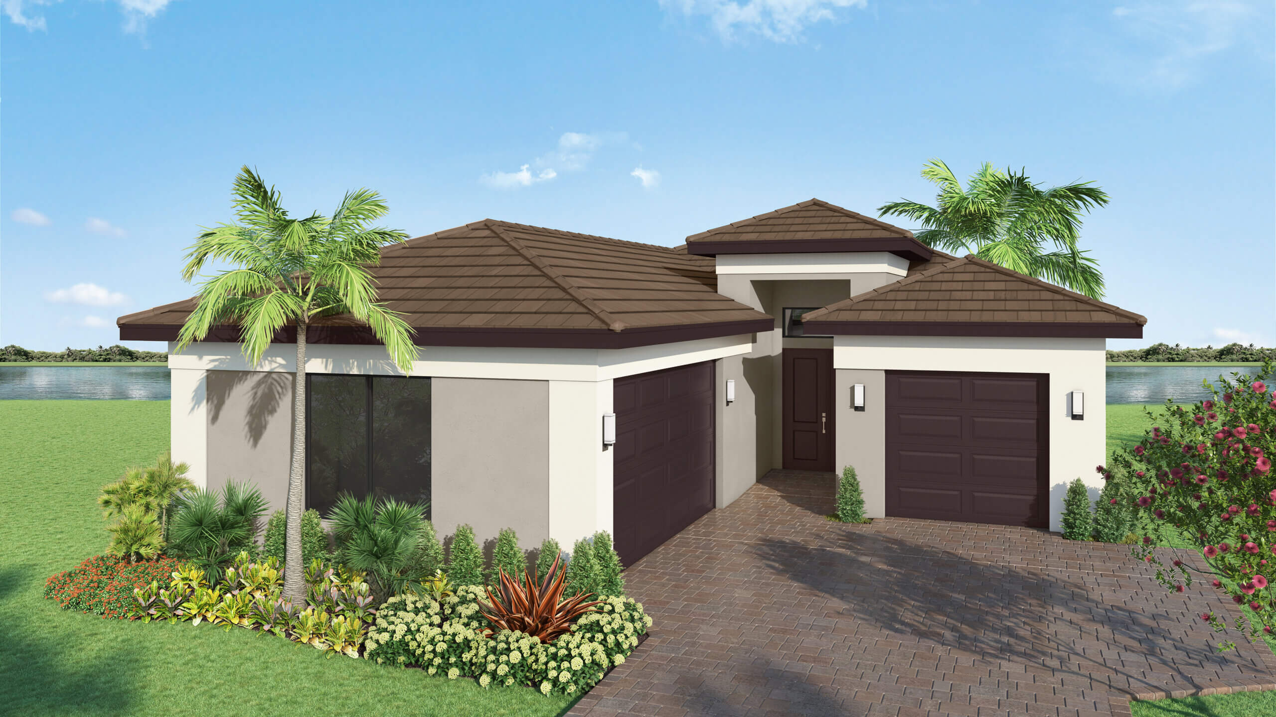 Single-story modern house with a brown tile roof, three-car garage, palm trees, landscaped garden, and a lake in the background under a partly cloudy sky.