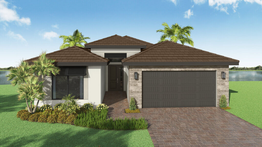 Single-story modern house with a tiled roof, two-car garage, light-colored walls, front garden, and palm trees. A body of water is visible behind the house.