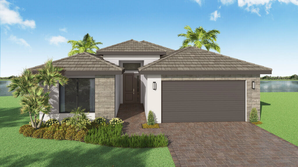 Single-story modern house with gray tiled roof, stone and white exterior, double garage, front door, and landscaped lawn with palm trees.