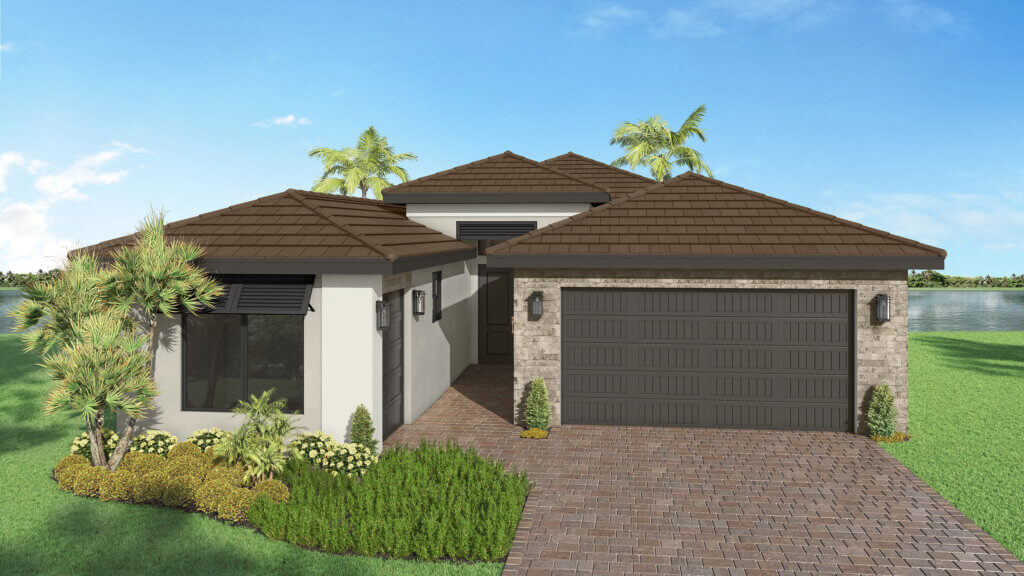 Single-story modern house with a brown tile roof, double garage, light-colored walls, landscaped yard, and palm trees in the background.