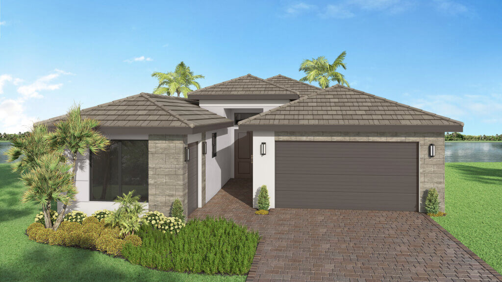 A modern single-story house with a tiled roof, large garage, stone accents, and landscaped front yard with shrubs and palm trees.