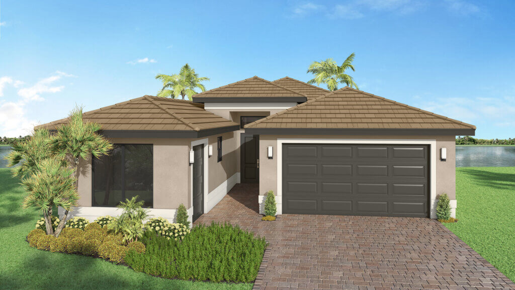 Single-story modern house with a brown tile roof, two-car garage, manicured landscaping, and a paved driveway, set against a backdrop of water and palm trees.