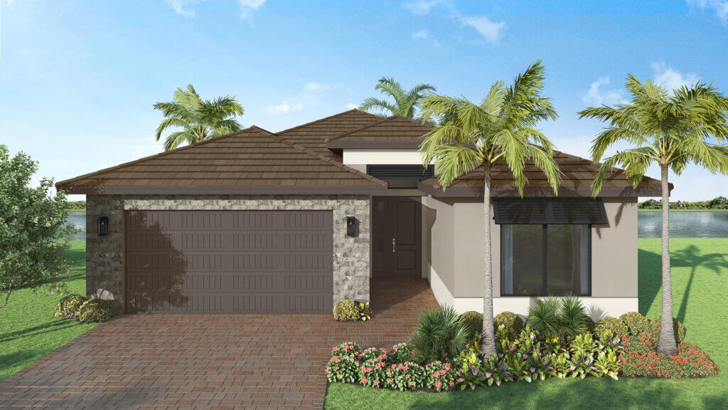 Single-story modern house with a stone and stucco exterior, brown tiled roof, double garage, landscaped front yard, and palm trees, set by a lake under a blue sky.