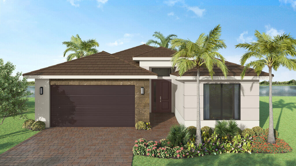 Single-story modern house with a brown tile roof, double garage, landscaped front yard, palm trees, and a lake view in the background under a blue sky.