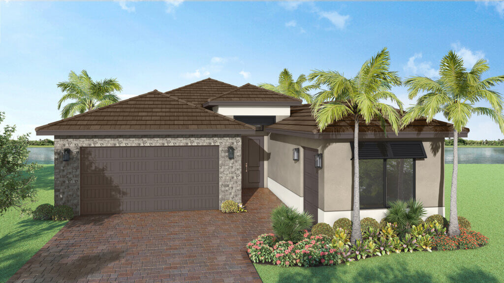 Single-story modern house with a brown tile roof, stone and stucco exterior, two-car garage, landscaped front yard, and palm trees, set near a body of water.