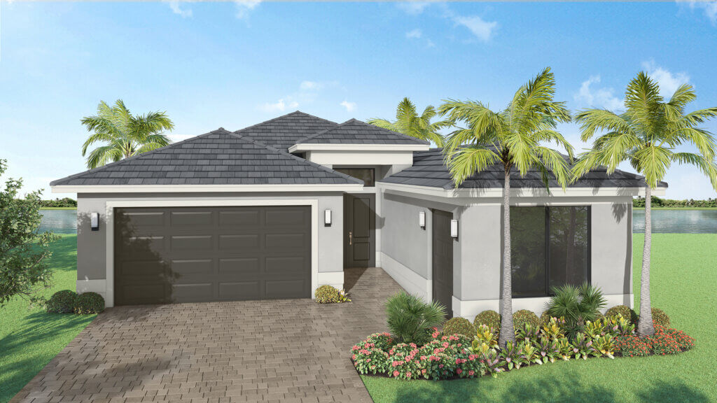 A modern single-story house with a dark gray garage door, light exterior walls, landscaped front yard, and palm trees, set by a waterfront under a blue sky.