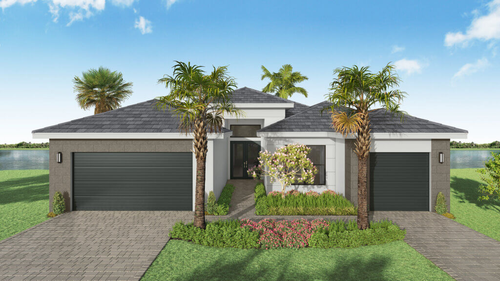 Modern single-story house with two garages, palm trees, and landscaped front yard under a clear blue sky.